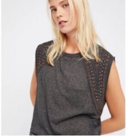 Free People Studded Sleeves Oversized Streetwear Gray Top Size XS - Picture 1 of 11